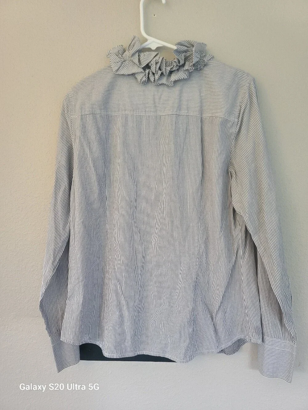 J. Crew Blue and White Striped Ruffle Button-Down Blouse